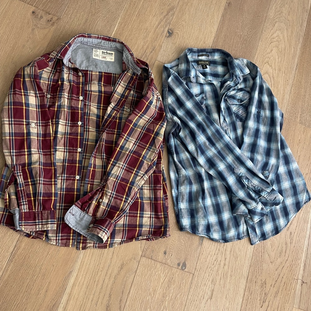 Helix and Urban Pipeline Men's Plaid Button-Down Shirts - Burgundy and Blue